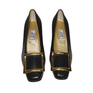 Gianni Versace Black Leather Pumps With Gold Buckle Accent